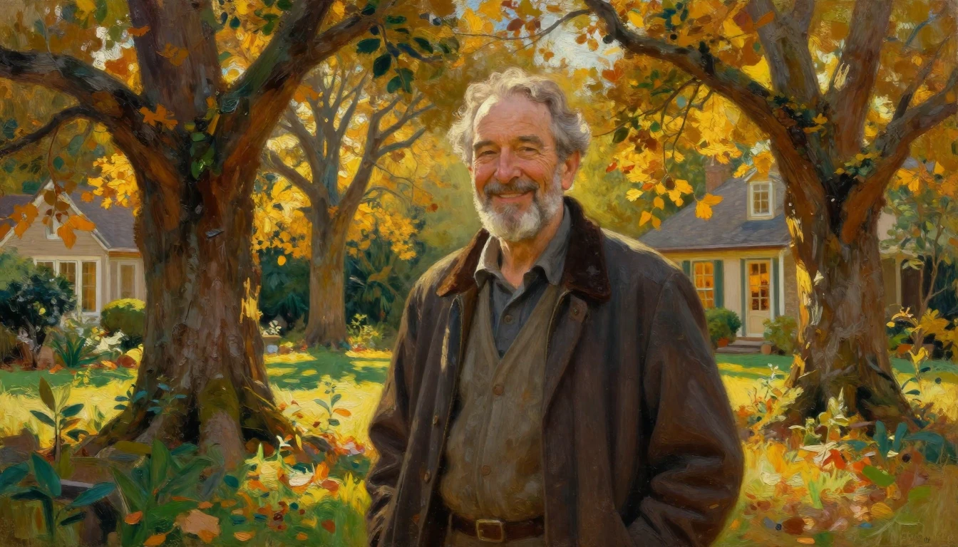 A majestic oil painting of a wise, smiling middle-aged man s...