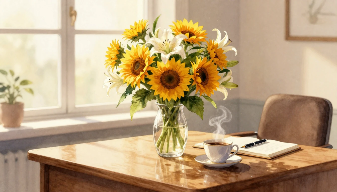 A beautiful and sophisticated scene of a sunlit office corne...