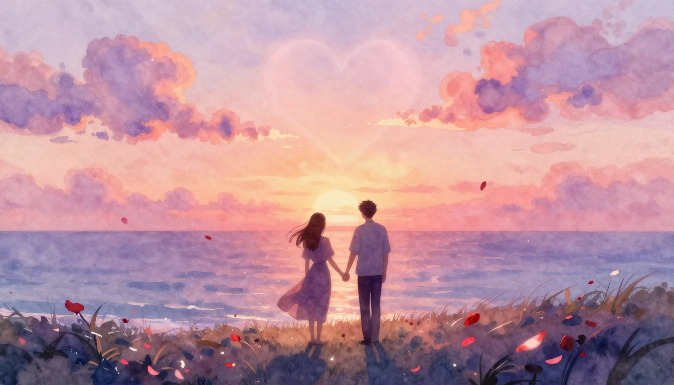 A dreamy and soft watercolor painting depicting a romantic s...