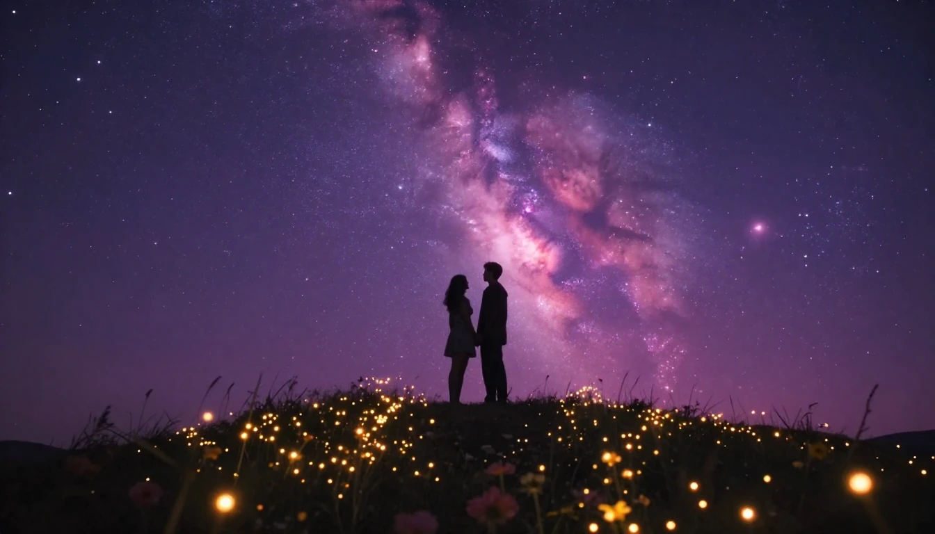 A romantic and ethereal scene of two silhouettes standing to...