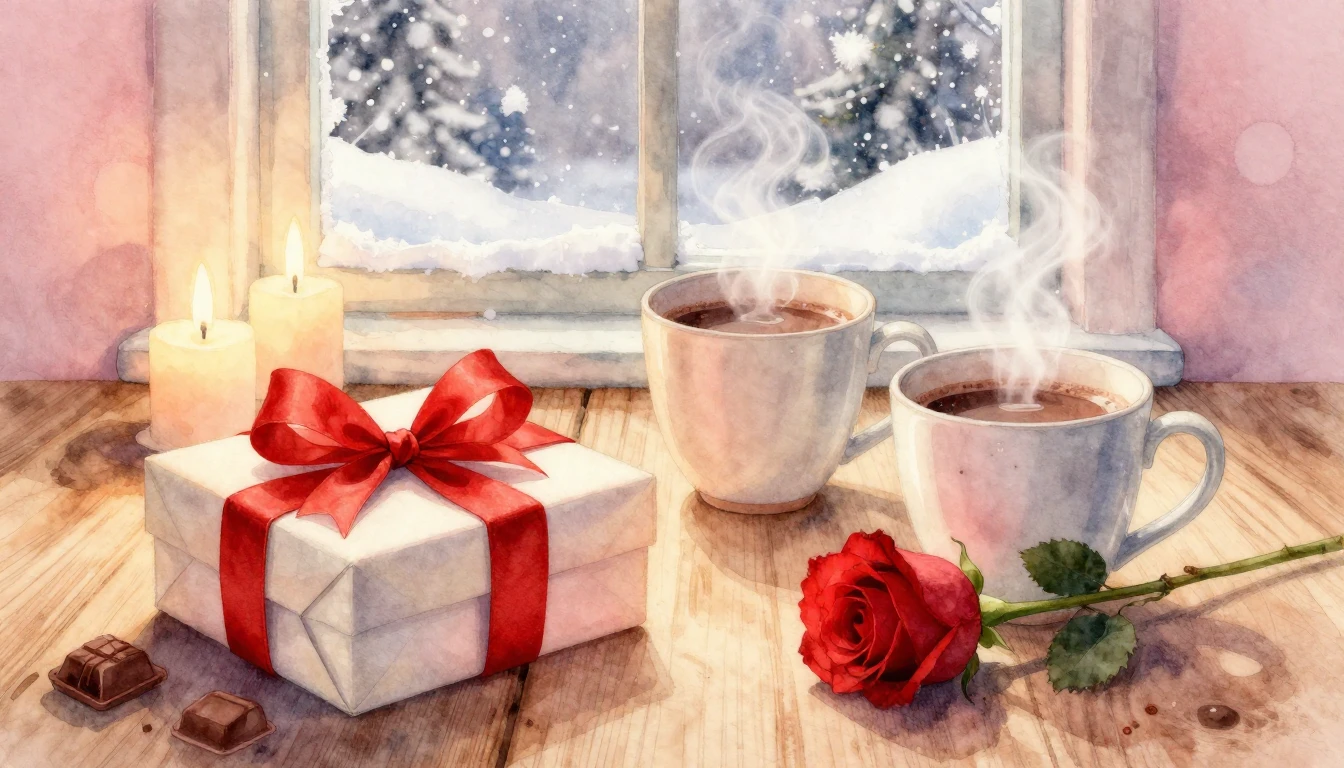 A soft and romantic watercolor illustration depicting a cozy...