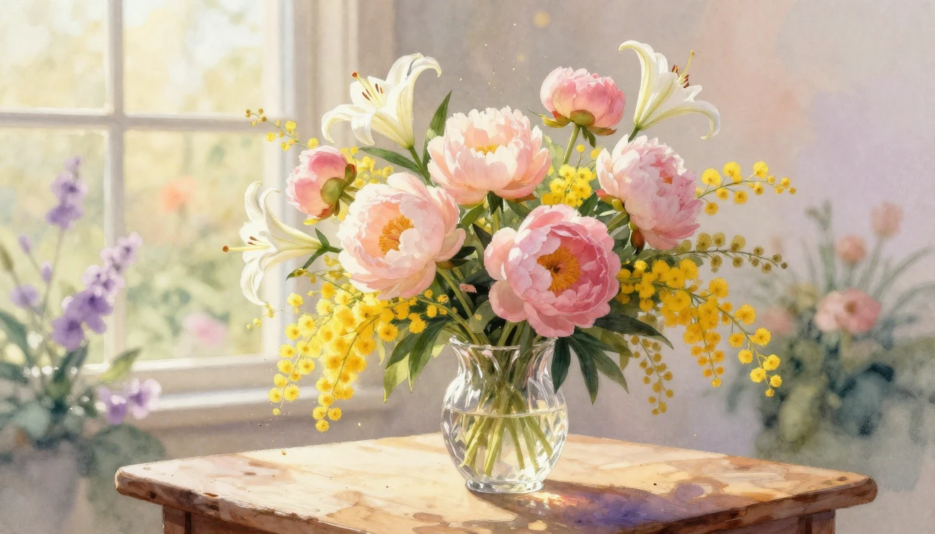 A breathtaking watercolor painting showcasing a lush, overfl...