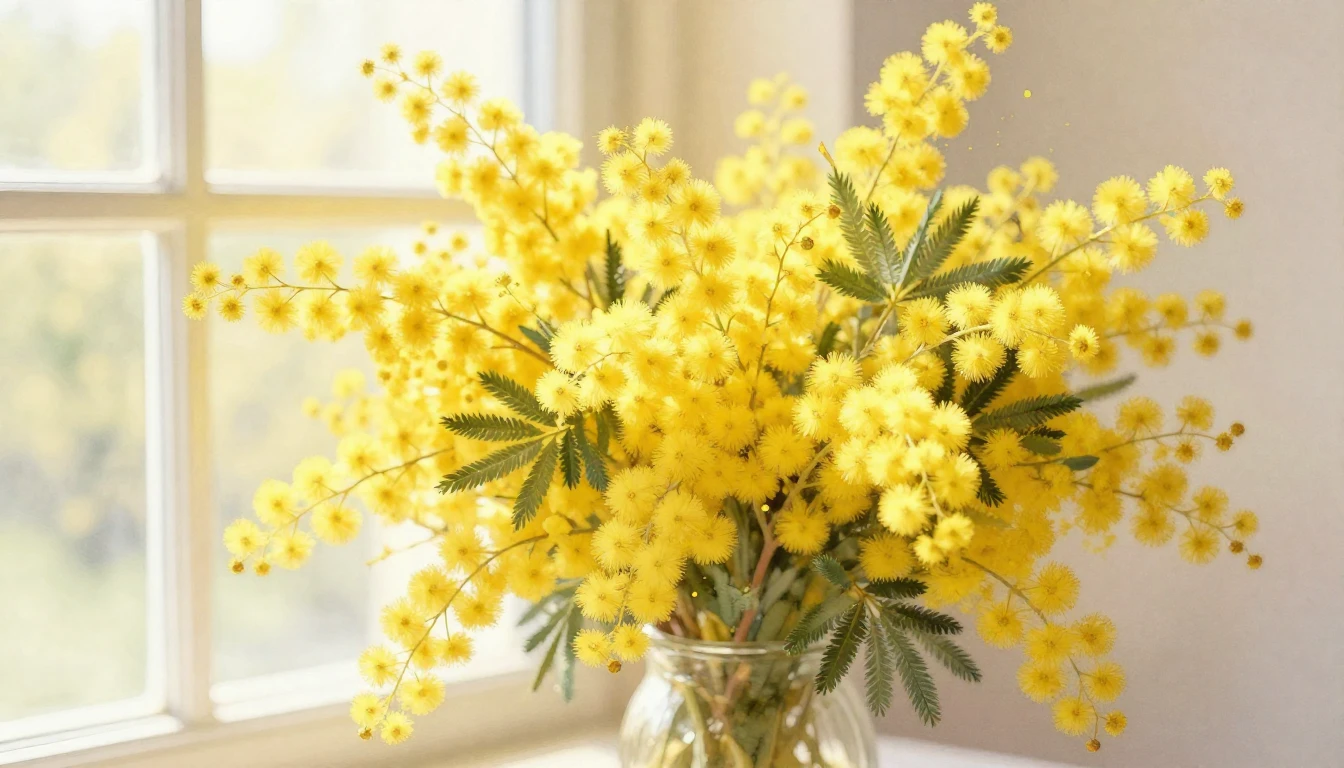 A lush and vibrant bouquet of bright yellow mimosa flowers i...