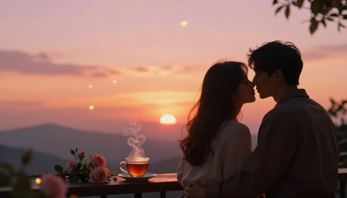 A romantic and cozy scene featuring two lovers silhouetted a...