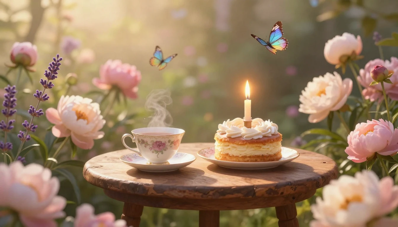 A serene and enchanting scene in a sun-drenched secret garde...