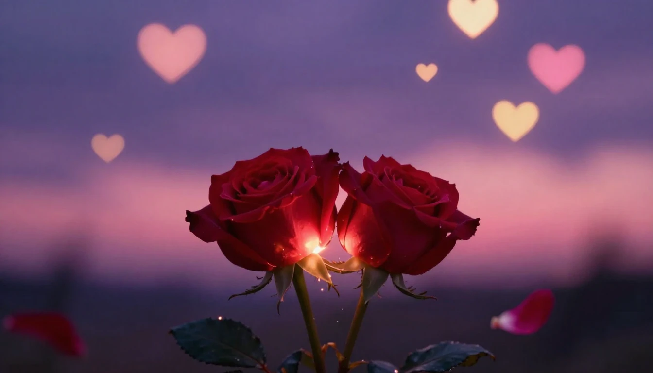 A soft and dreamy romantic scene featuring two intertwined r...