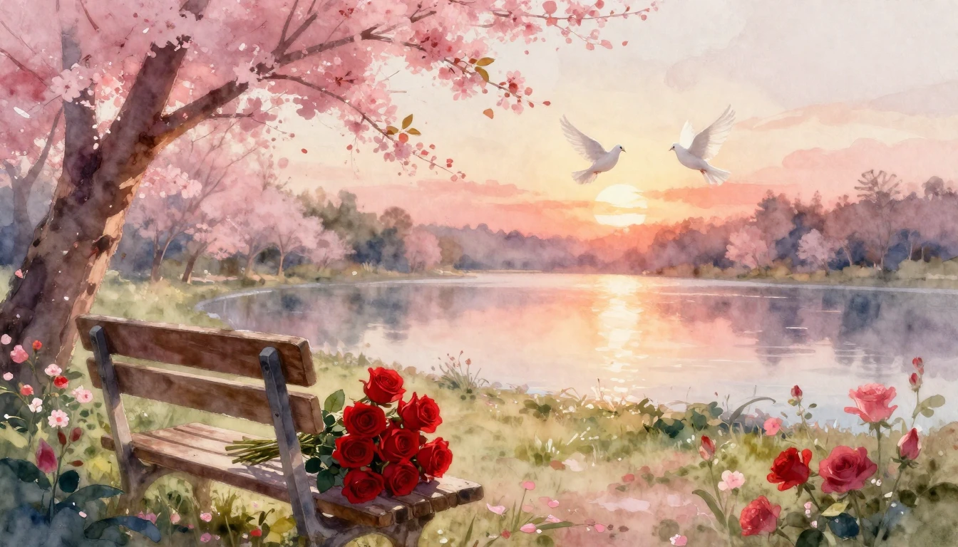 A soft and dreamy watercolor painting depicting a romantic V...