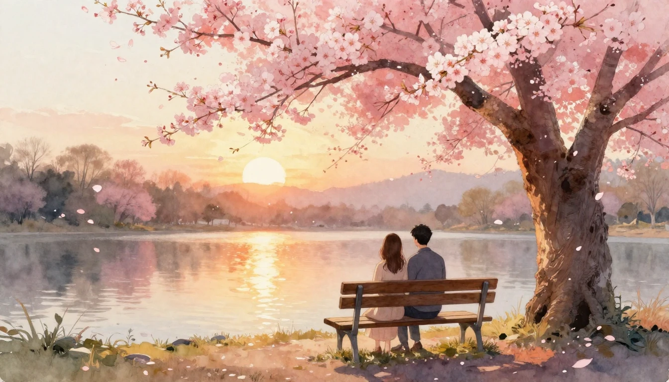 A romantic and ethereal watercolor painting of a couple sitt...