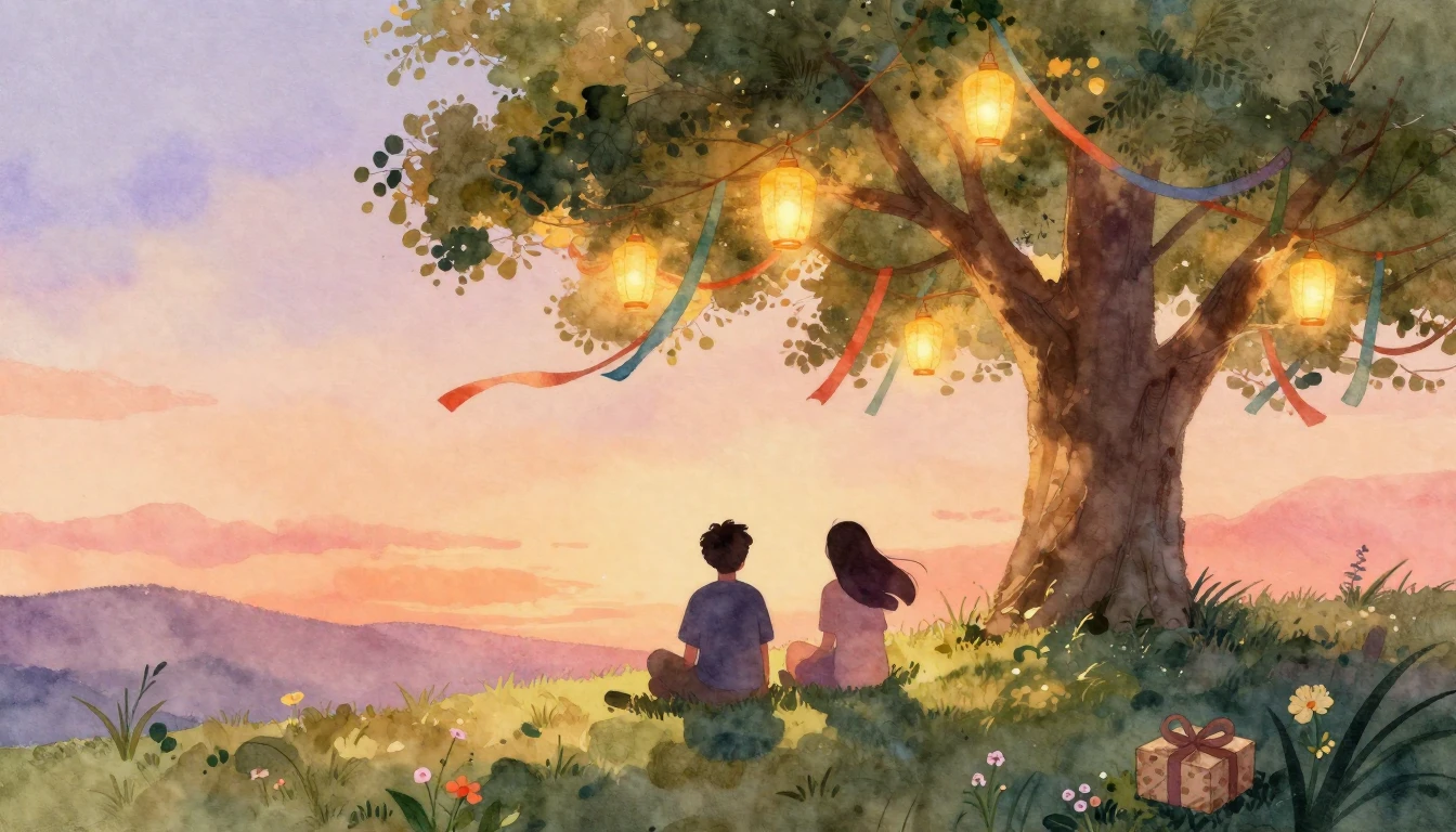 A warm and nostalgic watercolor illustration depicting two a...