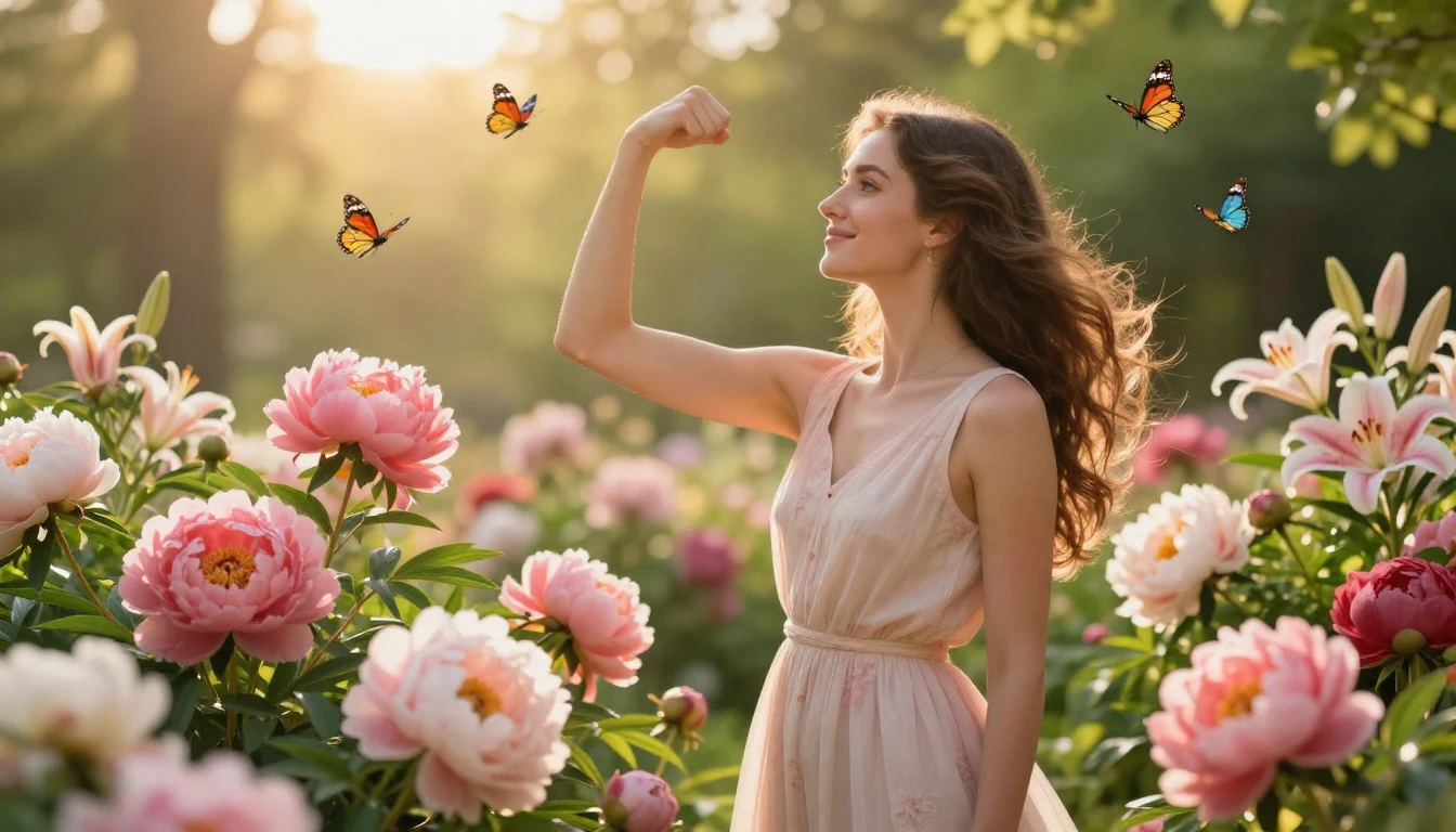 A beautiful, serene scene of a young woman standing in a vib...