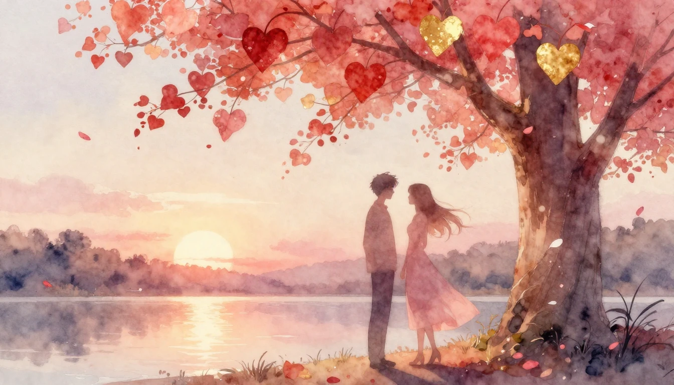 A romantic and ethereal watercolor painting depicting two st...