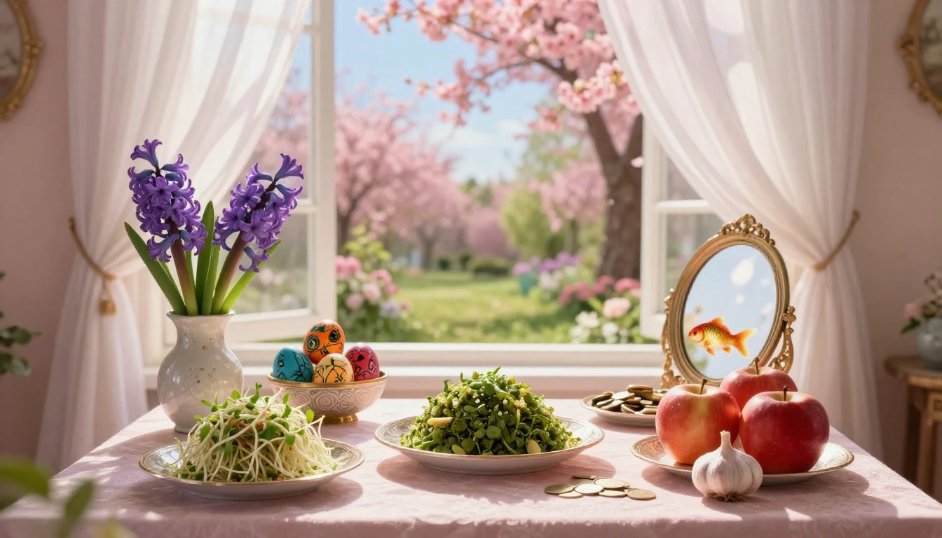 A beautiful and traditional Nowruz setting in a soft, dreamy...