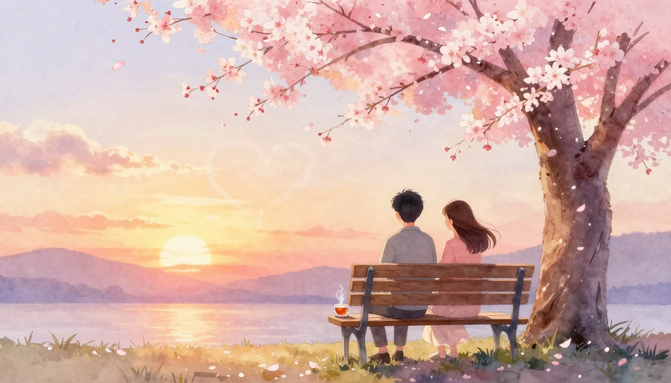 A soft and dreamy watercolor painting depicting a couple sit...