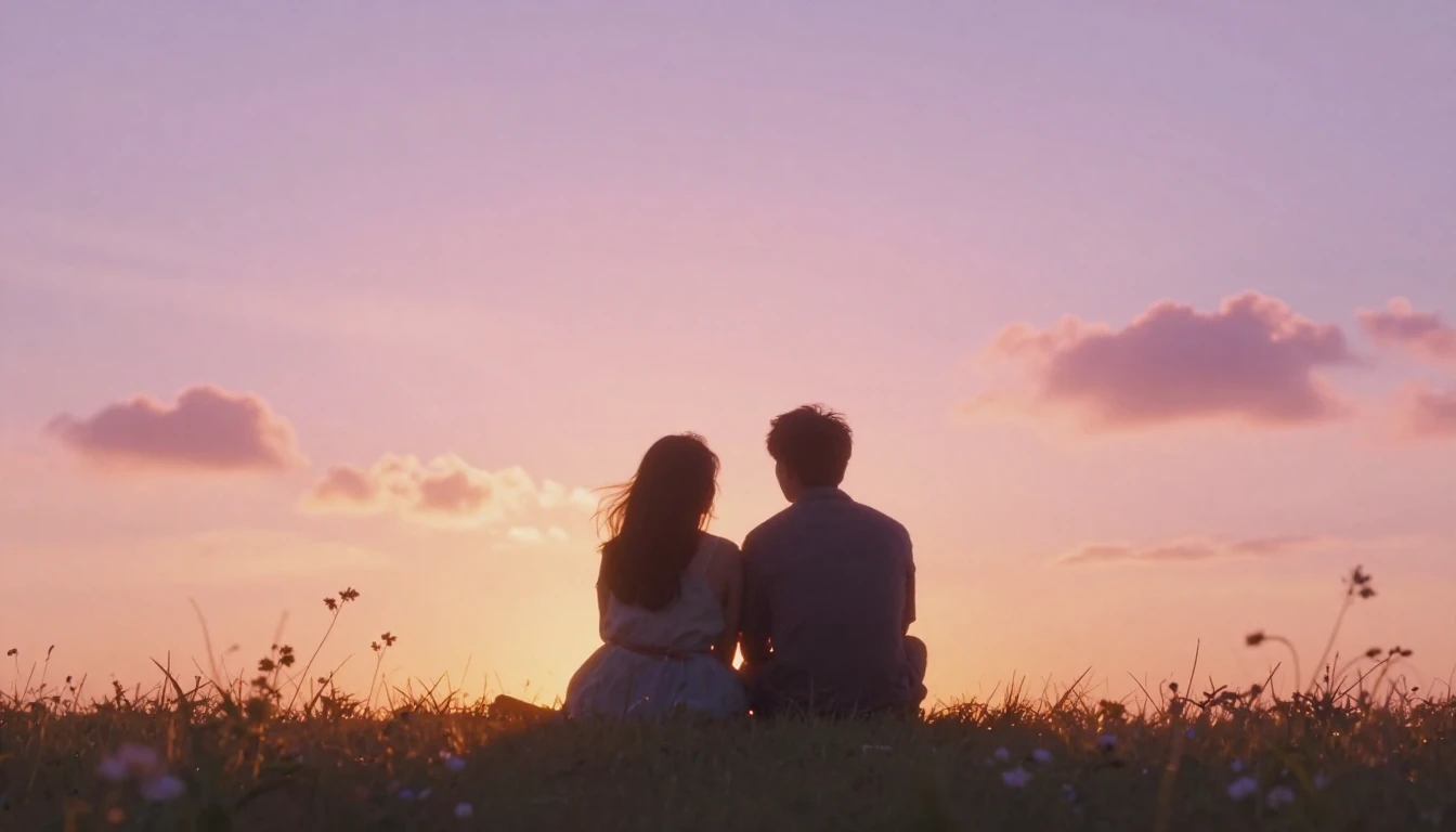 A soft and dreamy romantic scene featuring two silhouettes s...