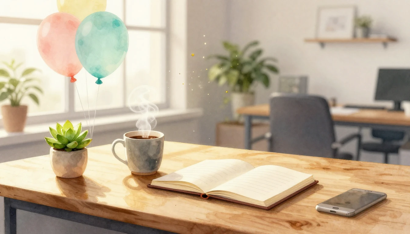 A serene and bright office workspace scene rendered in soft ...