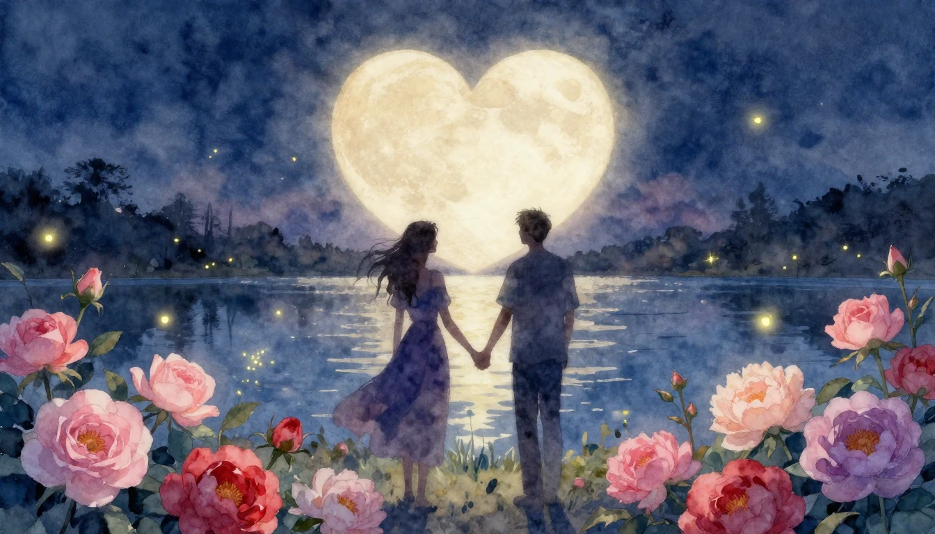 A romantic and dreamy watercolor painting depicting two silh...