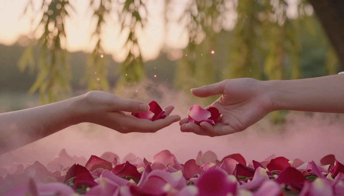A romantic and ethereal scene featuring two delicate hands g...
