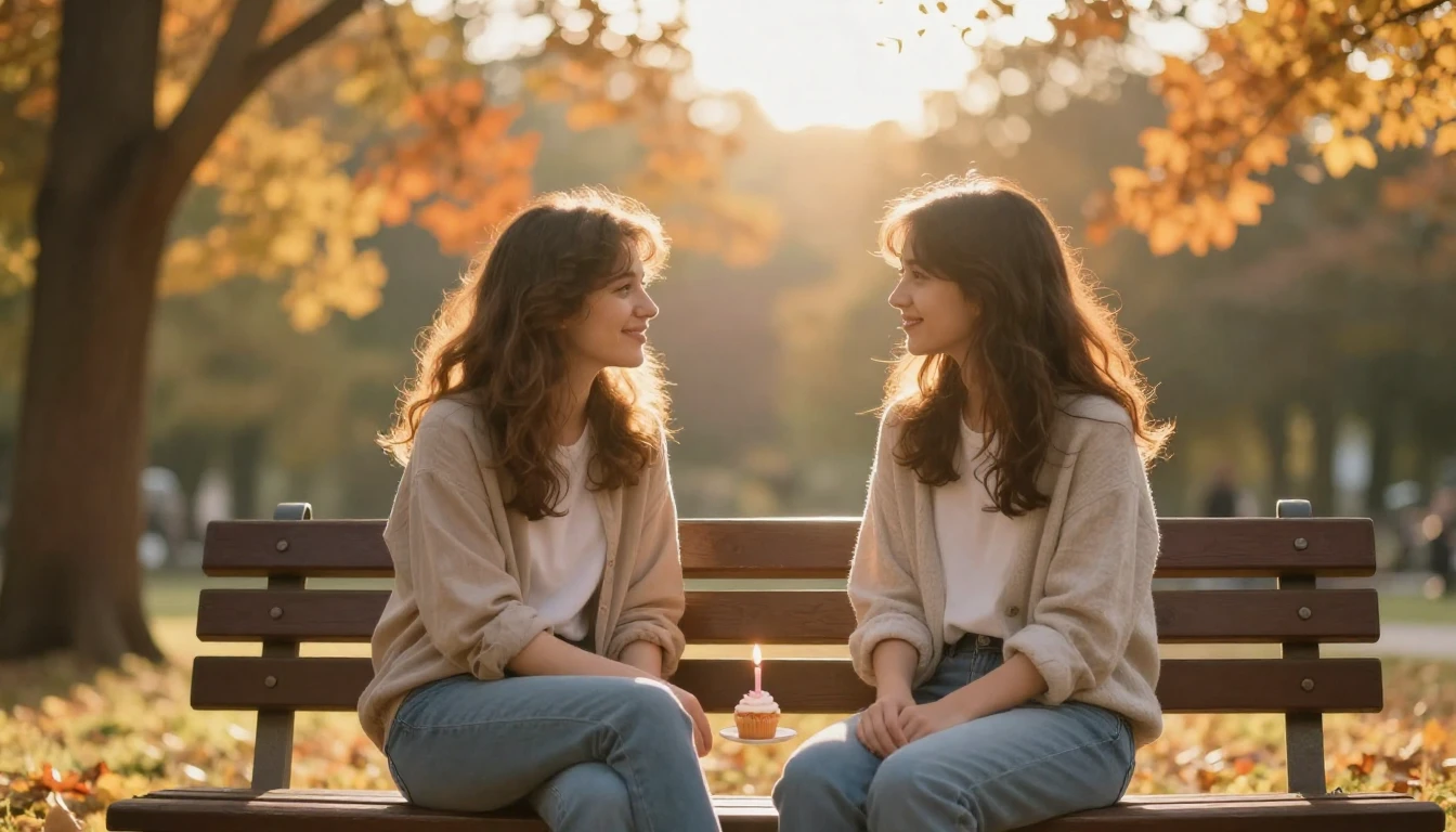 A heartwarming scene of two friends sitting on a wooden benc...