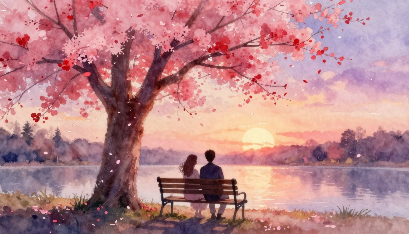 A soft and dreamy watercolor painting depicting a romantic s...