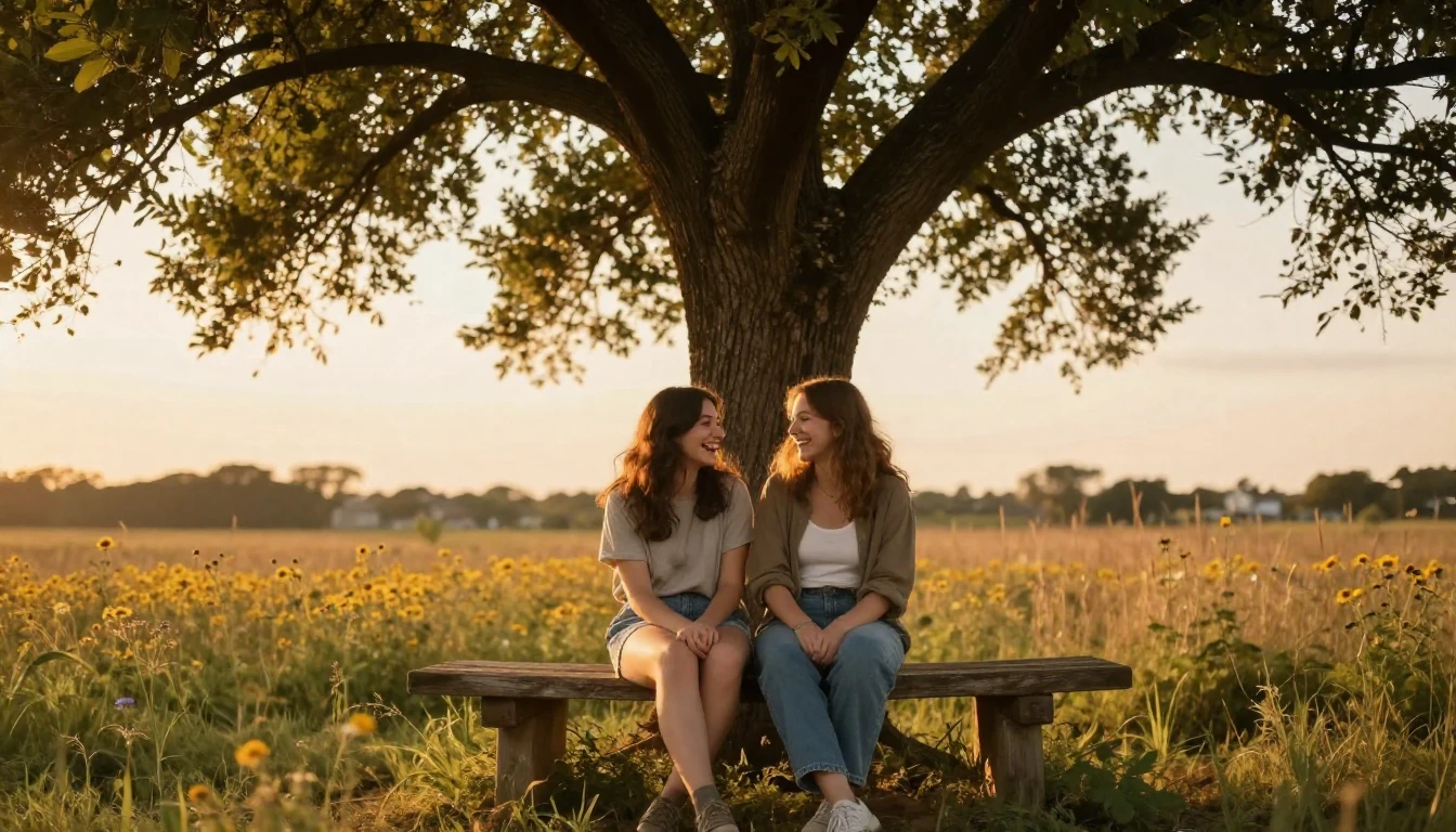 A heartwarming scene of two best friends sitting together on...