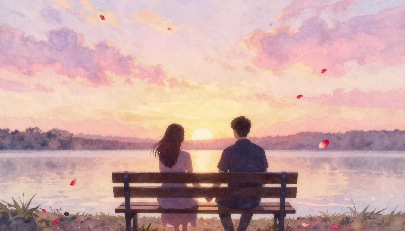 A soft and dreamy watercolor painting depicting a silhouette...