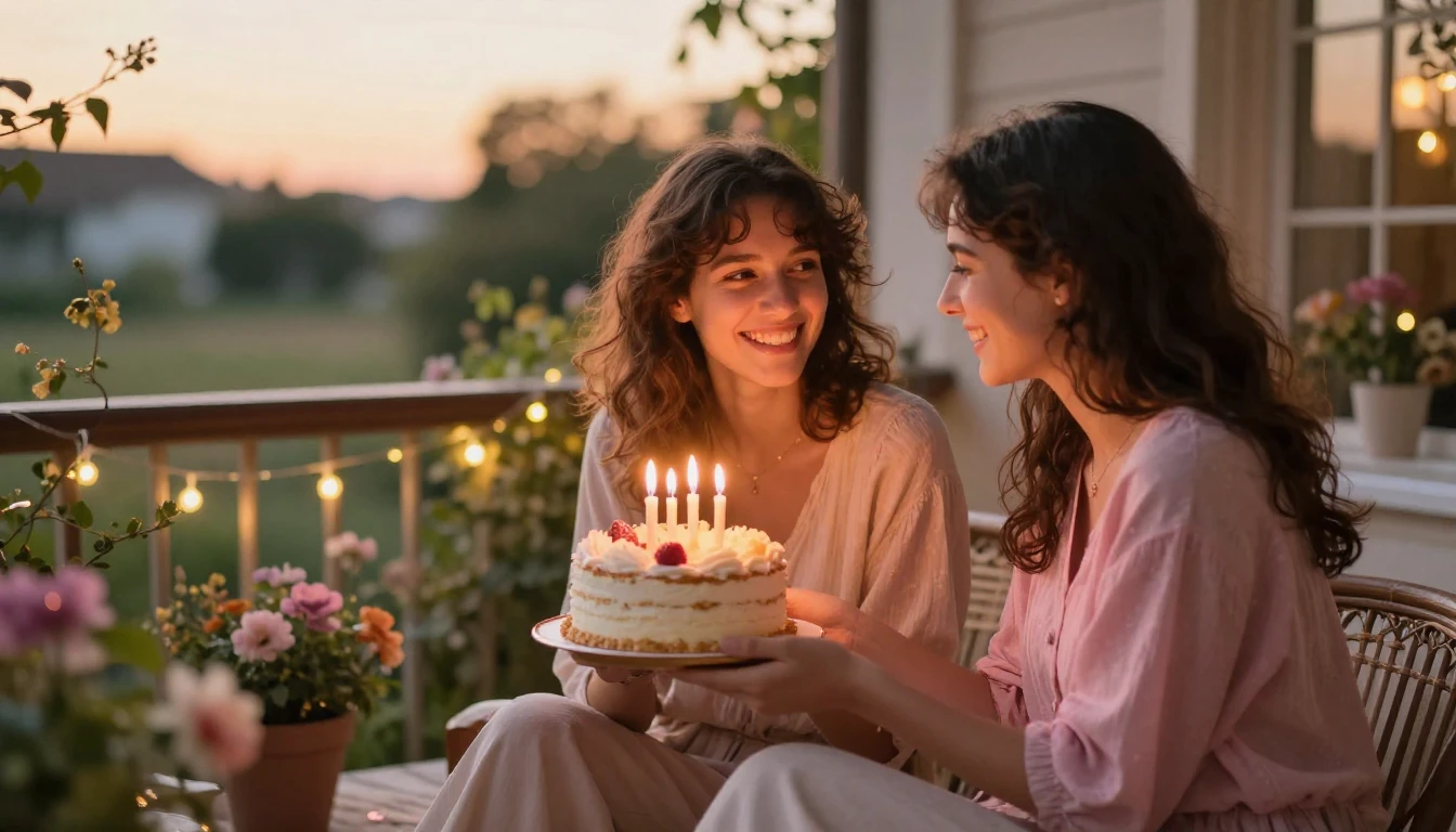 A warm and cozy birthday celebration scene. Two best friends...