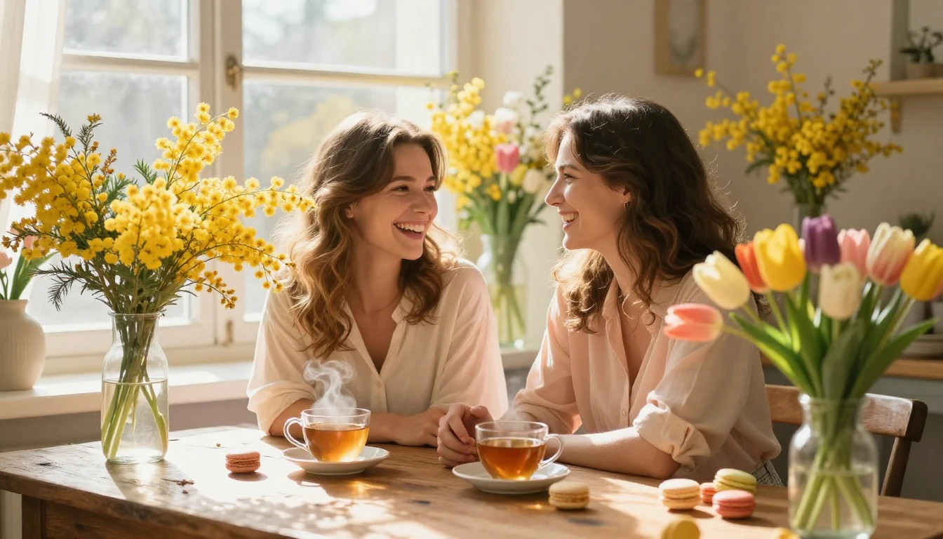 A heartwarming scene of two female friends sitting in a sun-...