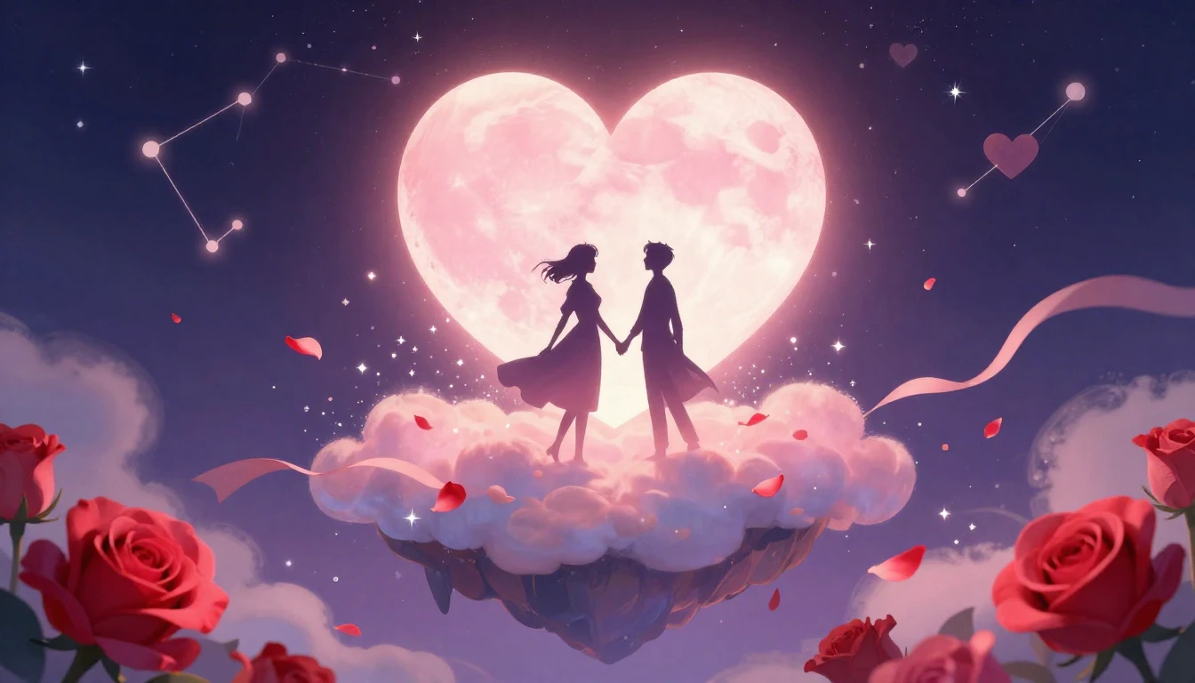 A romantic and whimsical illustration featuring two silhouet...