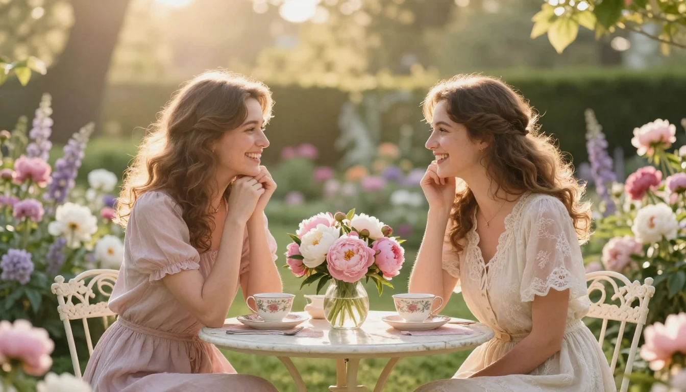 A heartwarming and cozy scene in a sun-drenched, blooming ga...