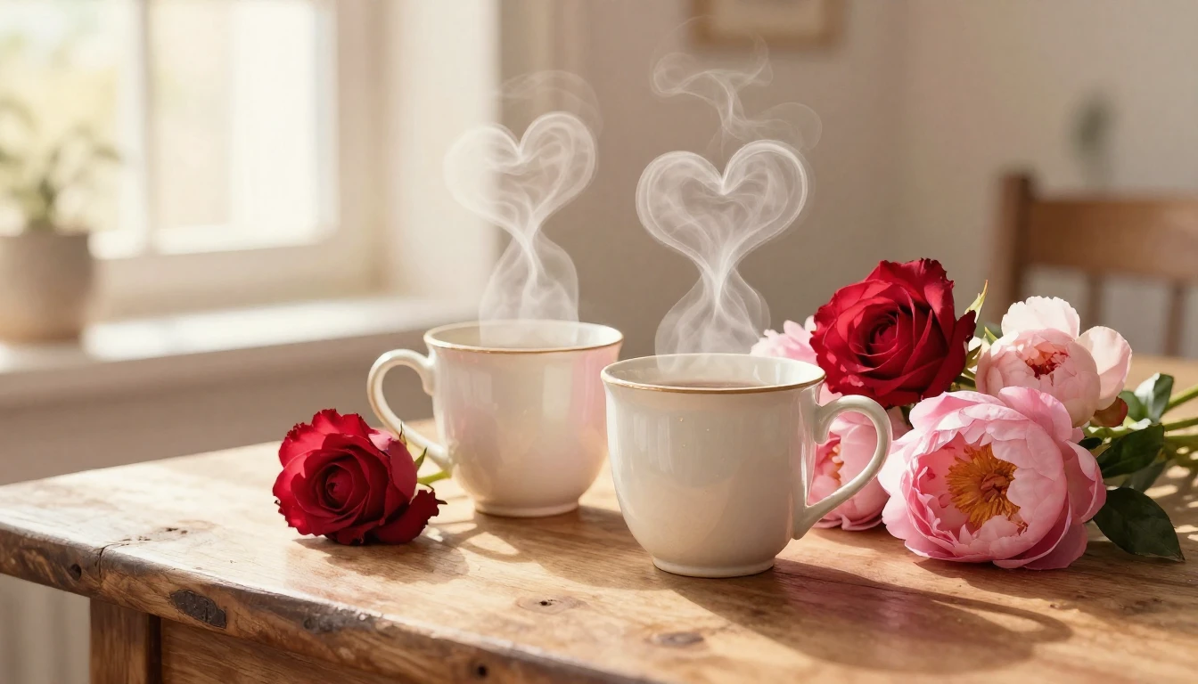 A romantic and cozy scene featuring two elegant ceramic mugs...