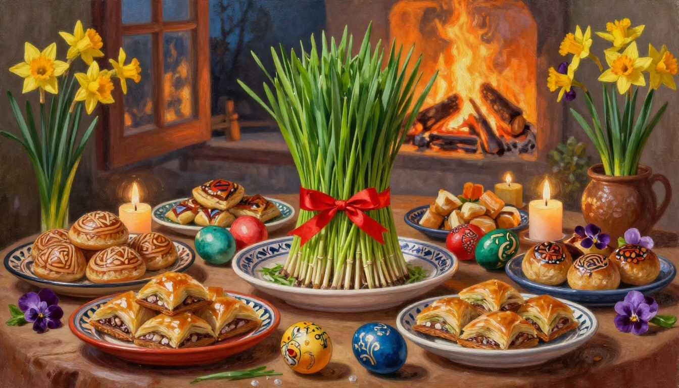 A vibrant and festive oil painting depicting a traditional N...