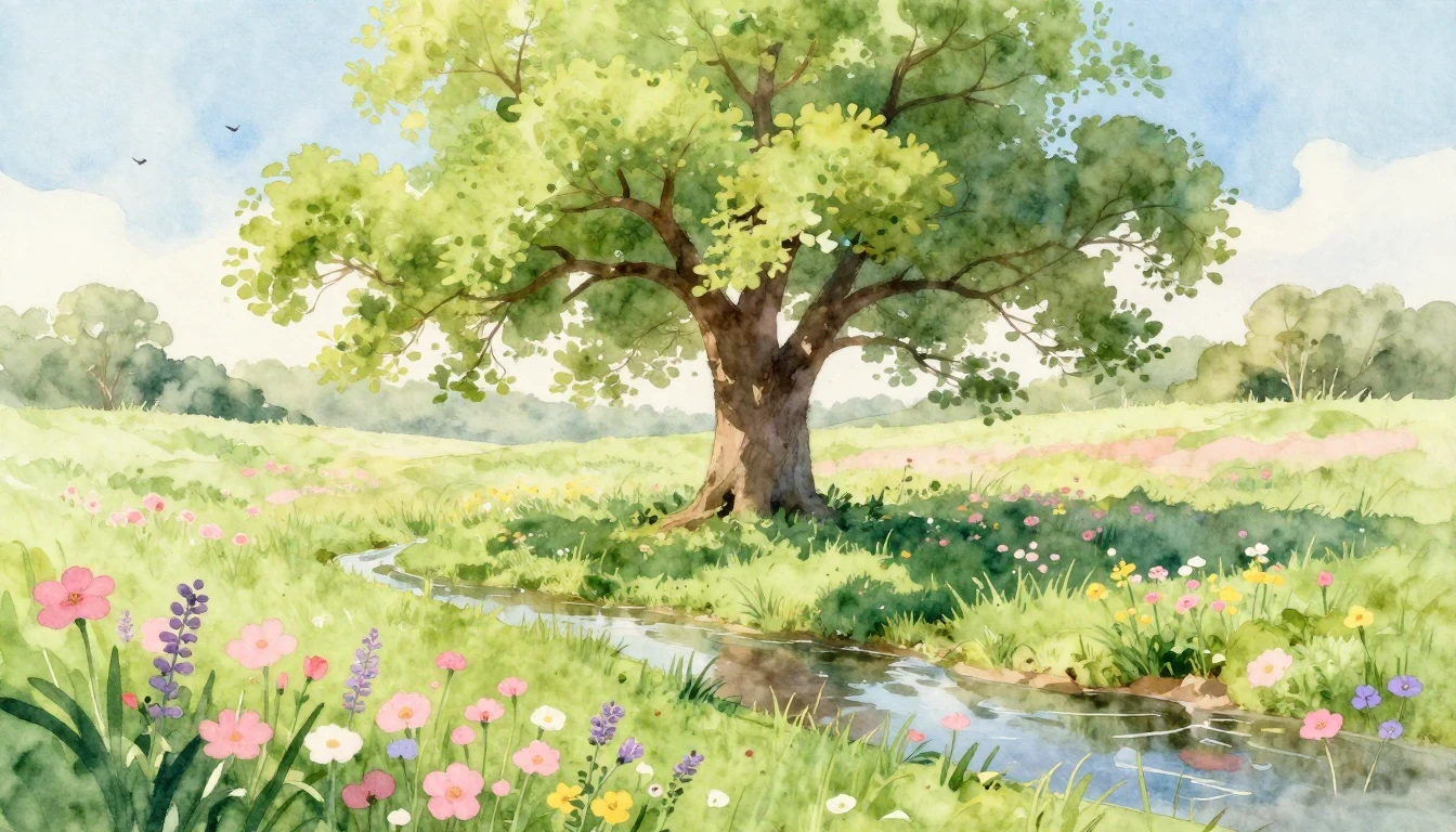 A soft and dreamy watercolor landscape depicting the arrival...