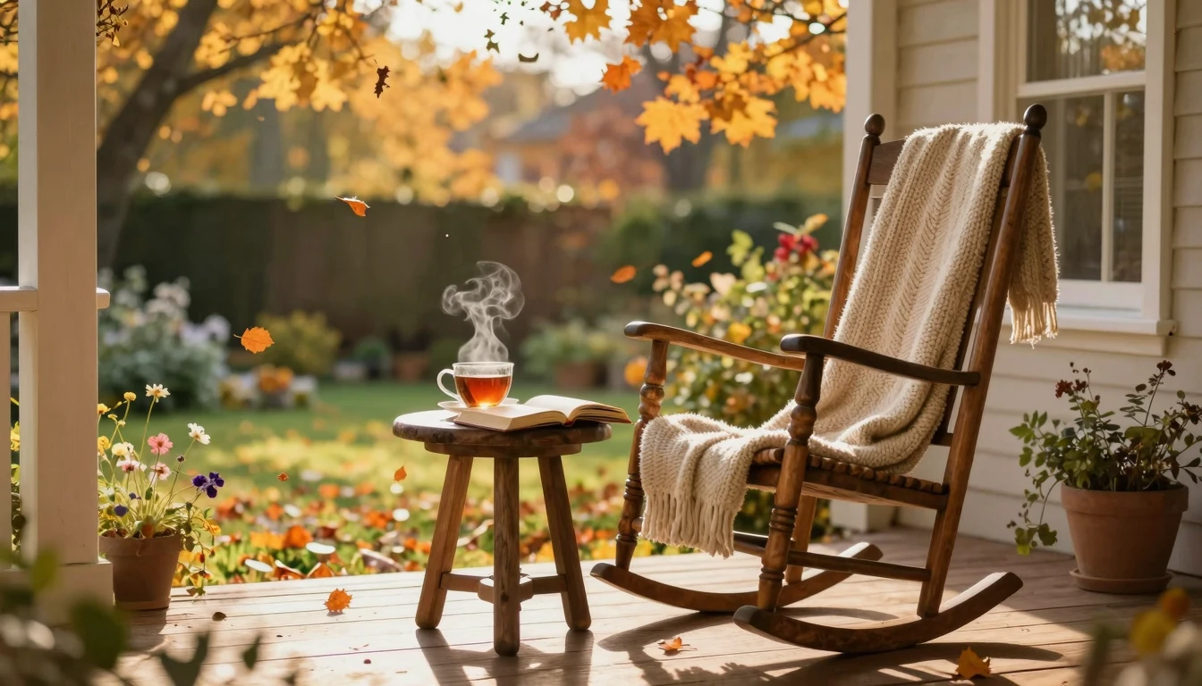 A peaceful and heartwarming scene of an old wooden rocking c...