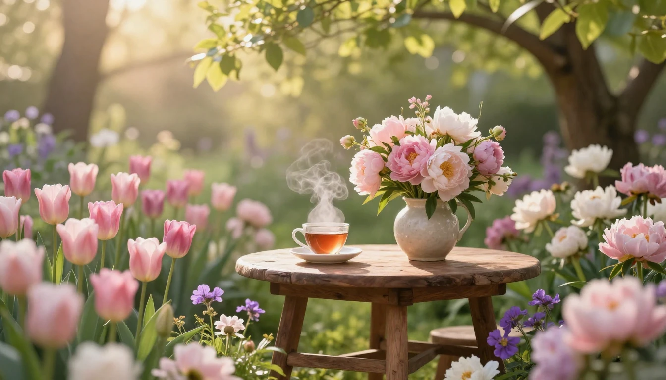 A serene and heartwarming spring garden scene filled with bl...