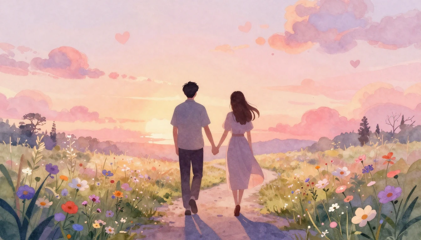 A soft and dreamy watercolor illustration depicting a couple...
