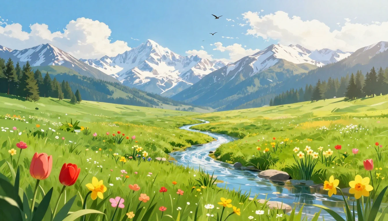 A breathtaking, vibrant spring landscape illustration. In th...