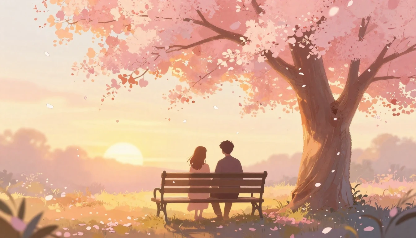 A romantic and soft illustration depicting two silhouettes s...