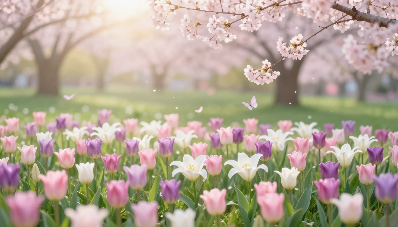 A lush, vibrant spring landscape featuring a dense field of ...