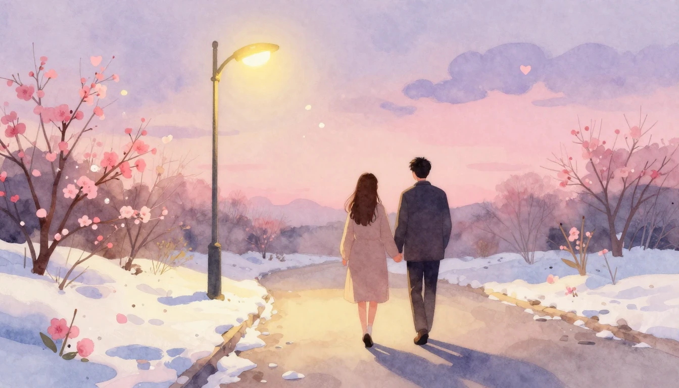 A soft, romantic watercolor painting depicting a couple walk...