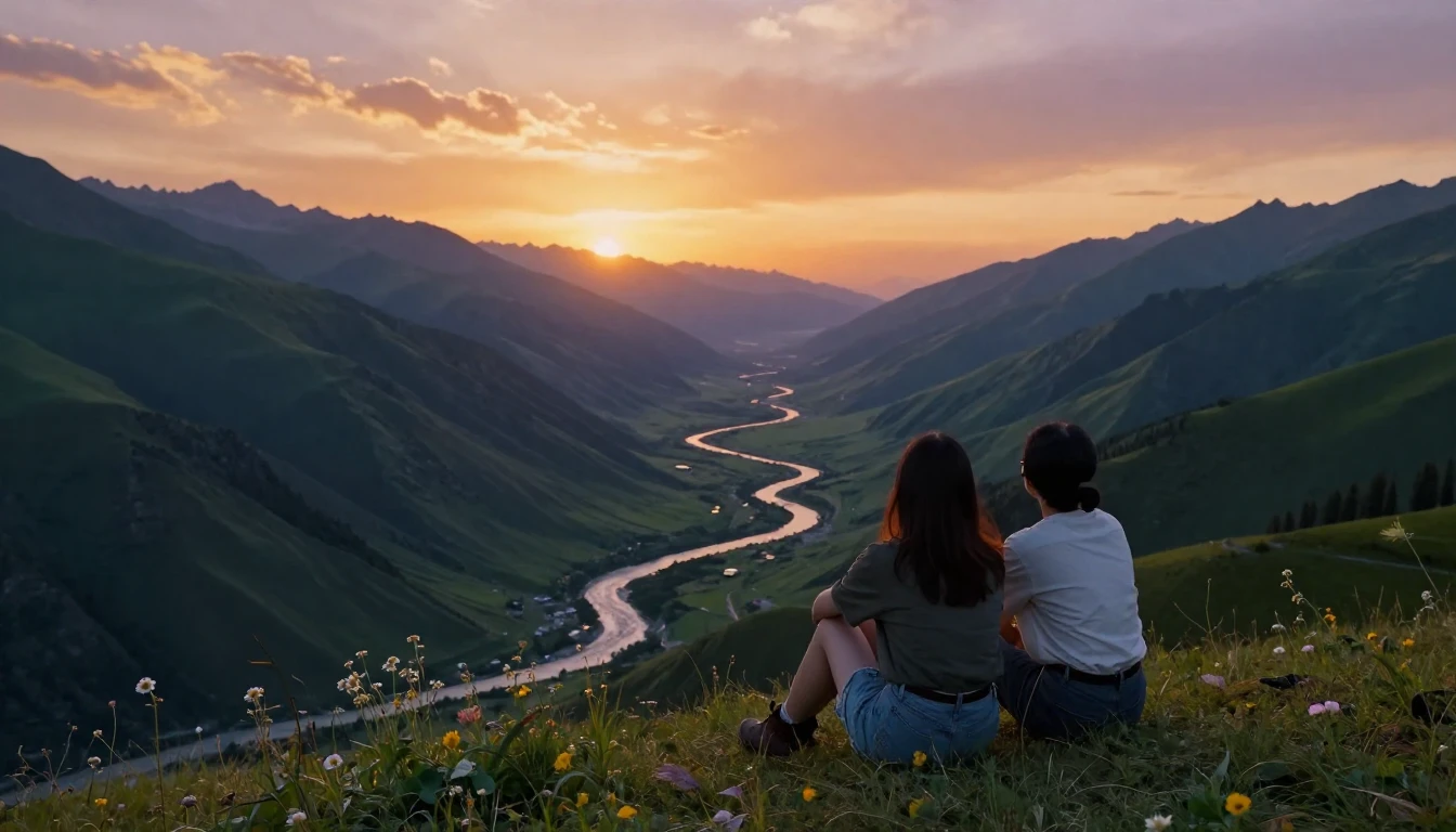 A breathtaking panoramic view of high mountain peaks at suns...