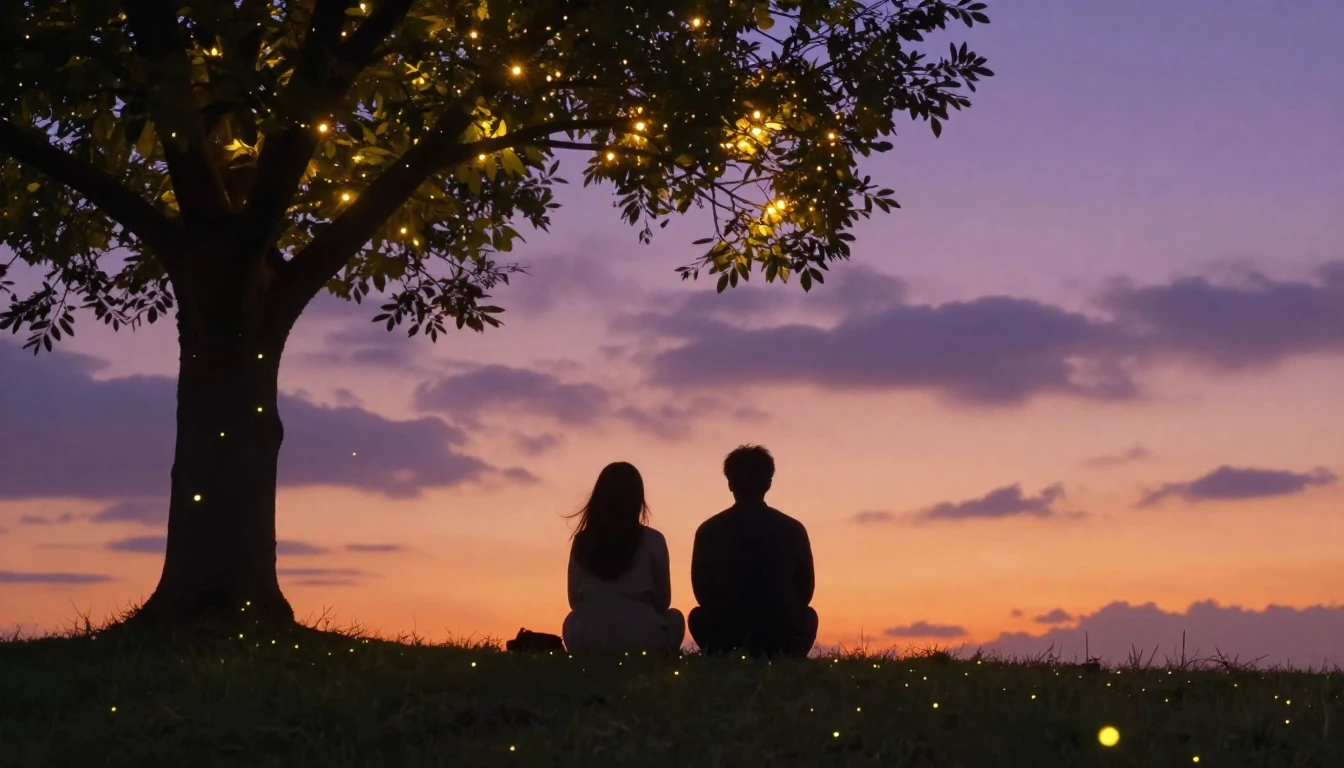 Two silhouetted figures sitting on a grassy hill at sunset, ...
