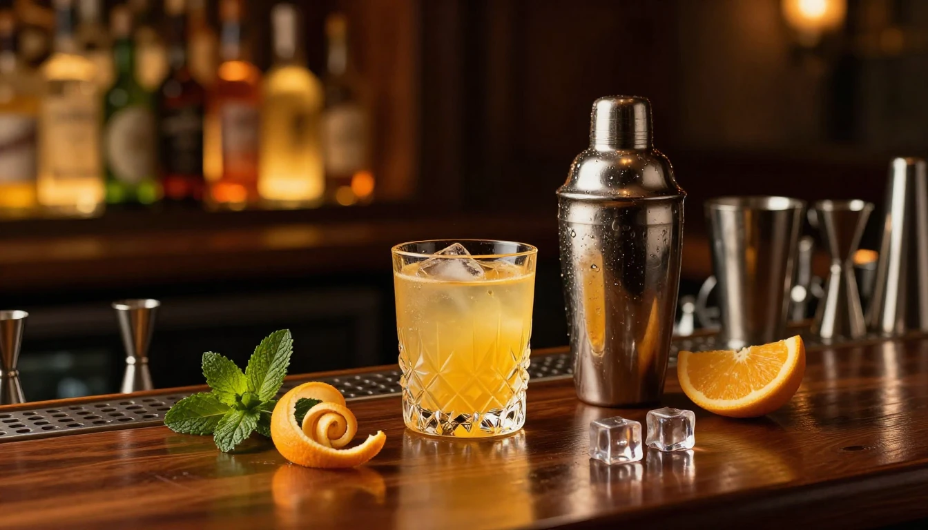 A high-end, atmospheric bar scene during the golden hour. Th...