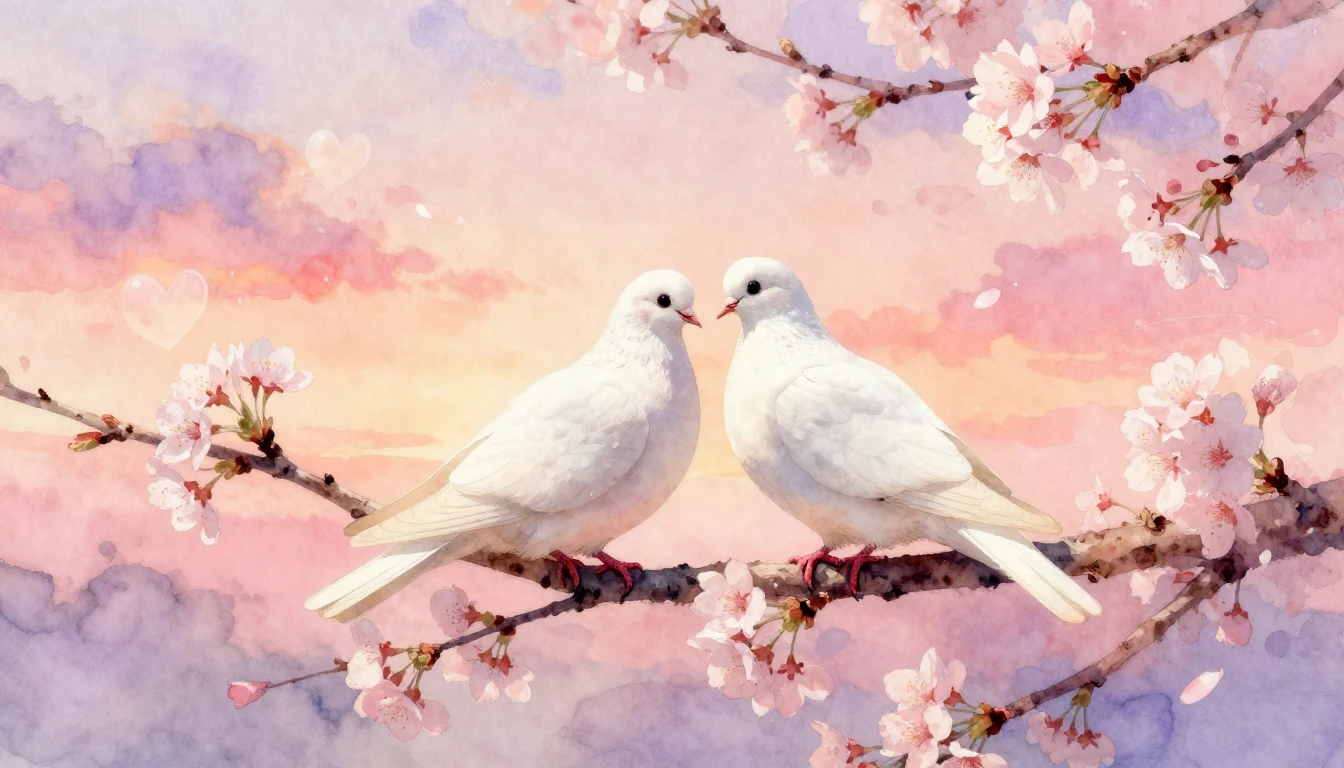 A soft and dreamy watercolor composition depicting a romanti...