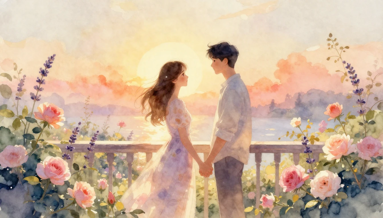 A romantic and soft watercolor painting depicting a couple s...