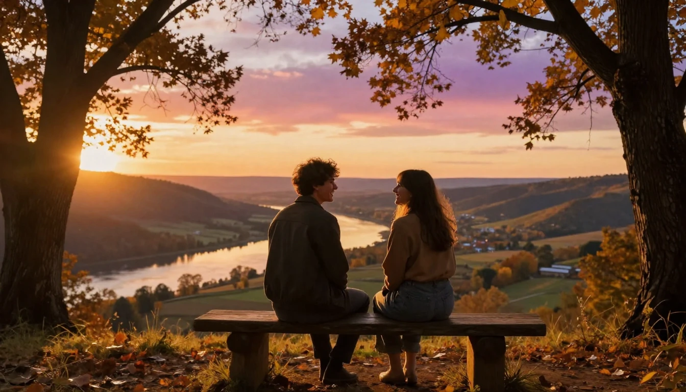 A warm and cozy scene of two close friends sitting on a rust...