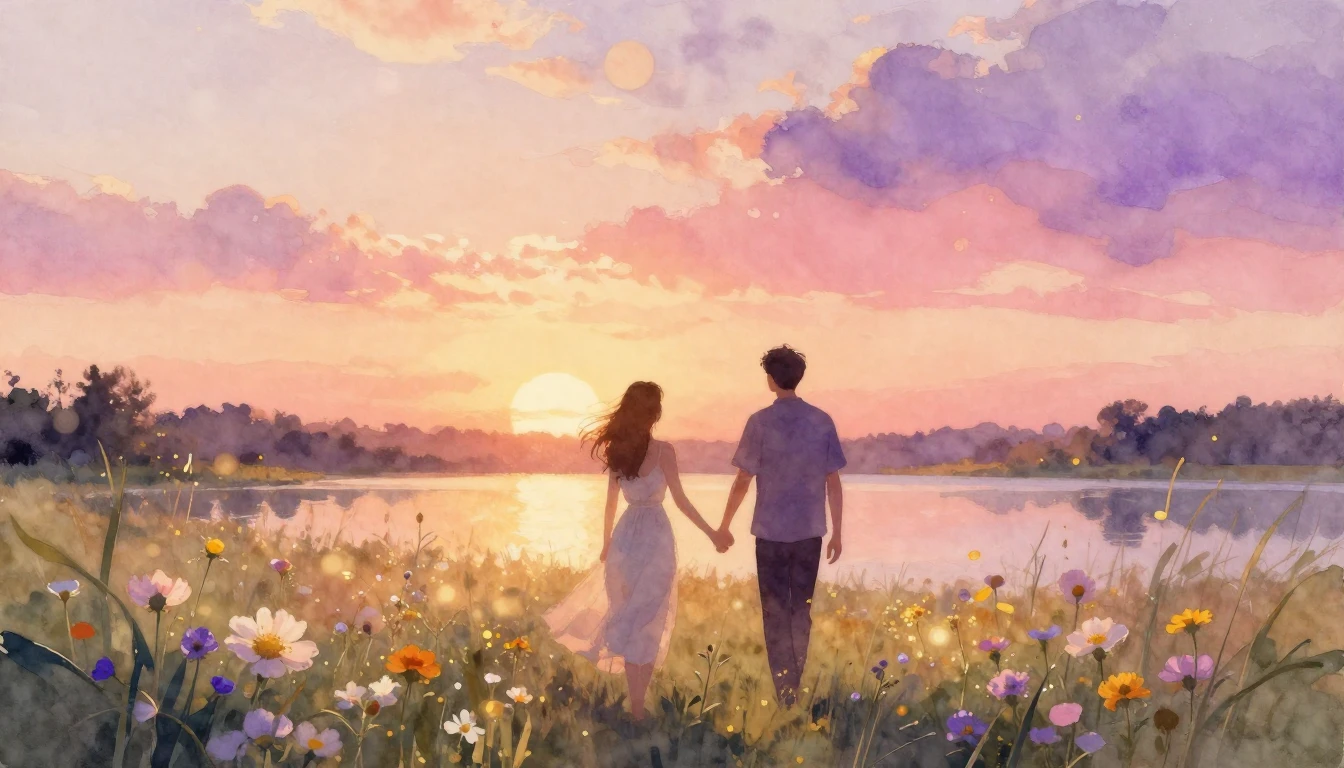 A romantic and ethereal watercolor painting of two silhouett...