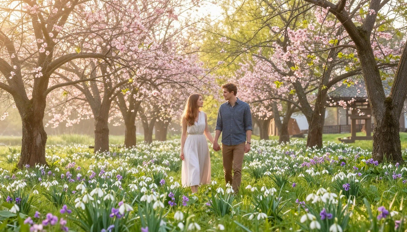 A romantic and enchanting scene in a lush, blooming forest a...