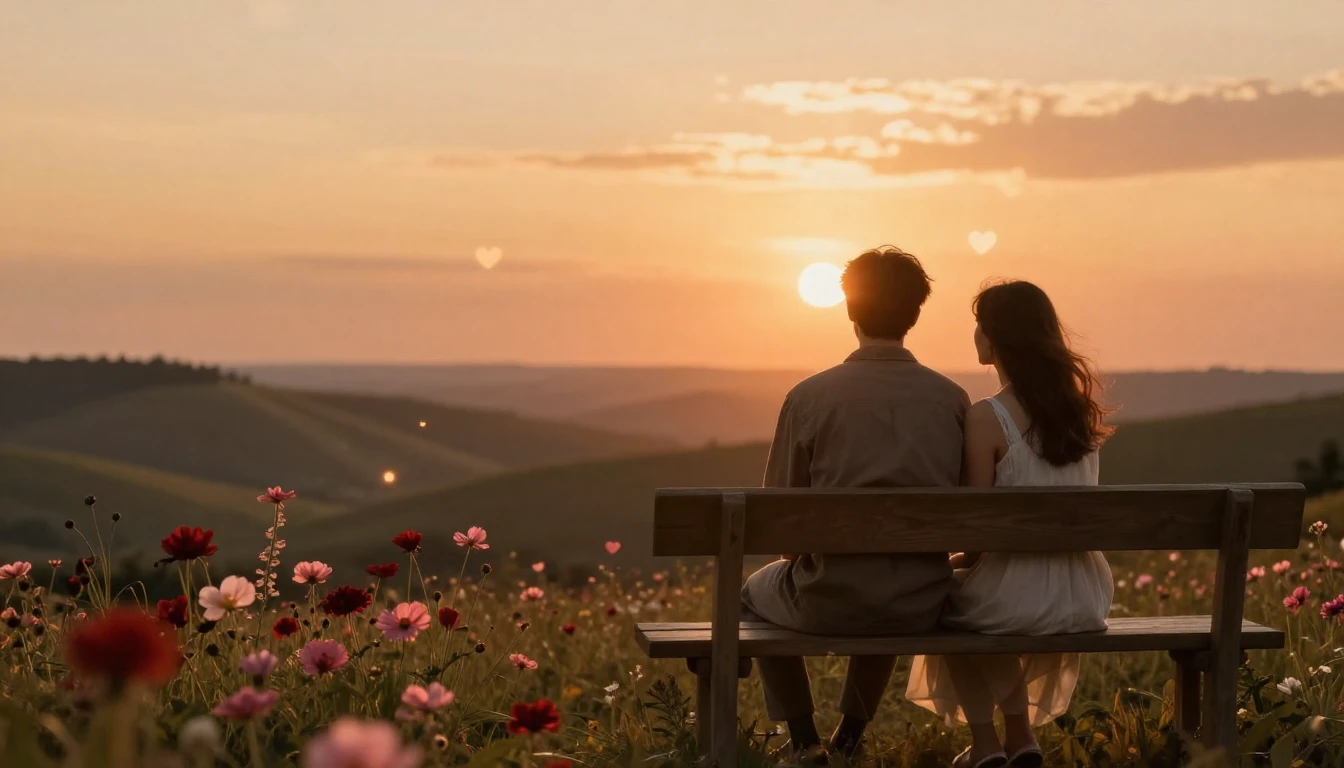 A romantic and ethereal scene at golden hour. Two people are...