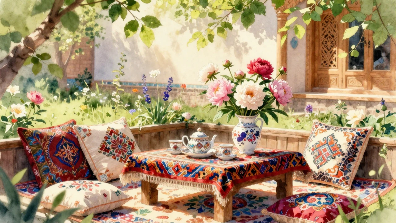 A beautiful, sunlit scene of a cozy Central Asian garden in ...