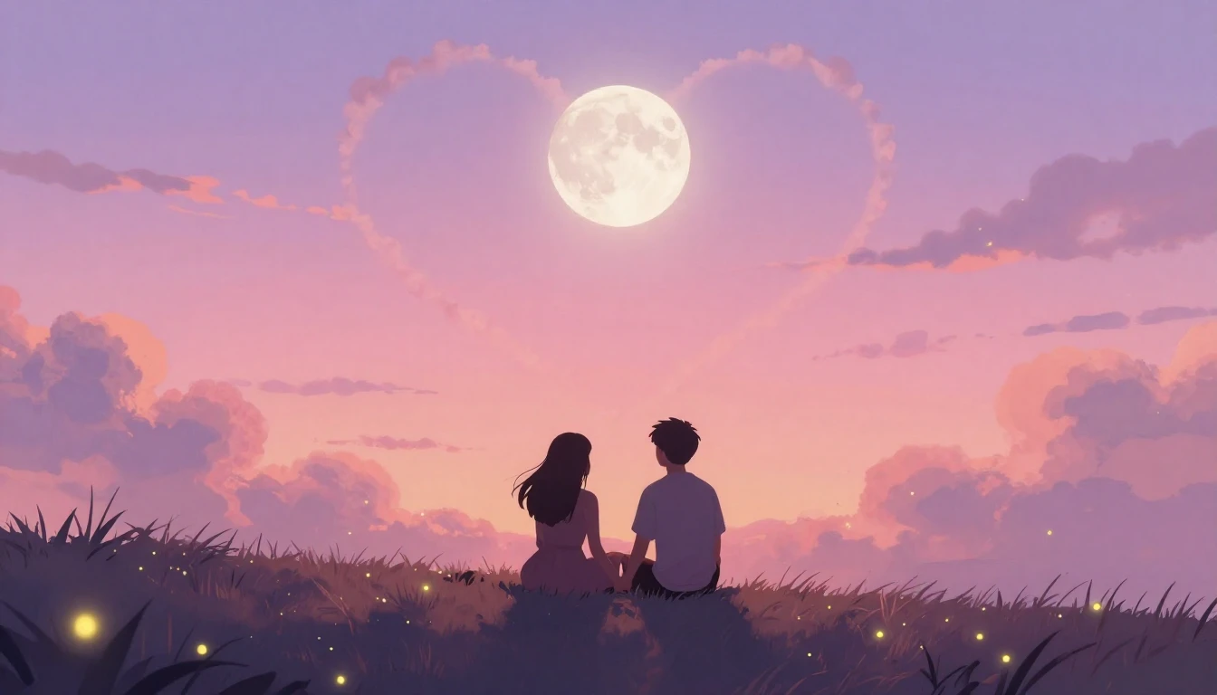 A romantic and dreamy illustration featuring two silhouettes...